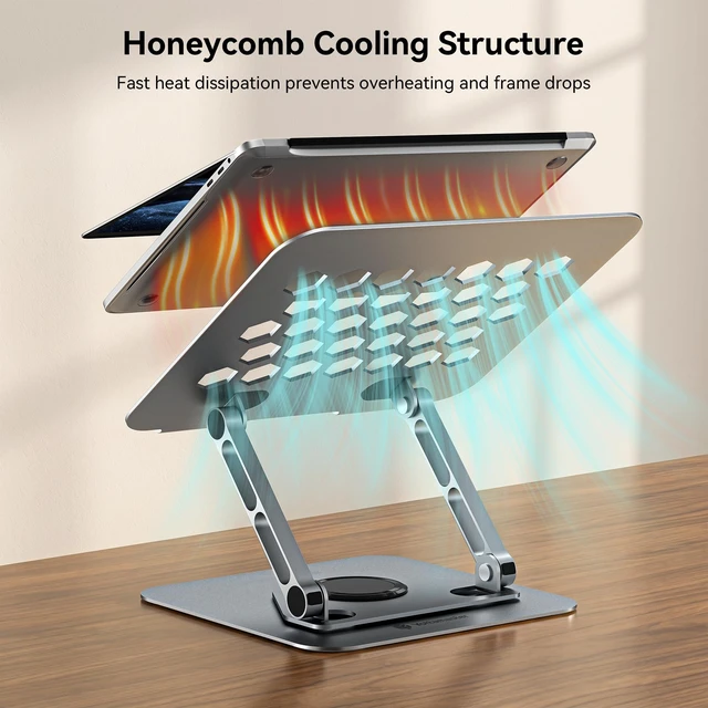Alt view image 4 of 7 - Adjustable Laptop Stand, 360° Rotating Aluminum Desk Stand Fits laptops up to 17", holds 11 lbs, honeycomb cooling vents, foldable, tool-free setup, for office/study/gaming