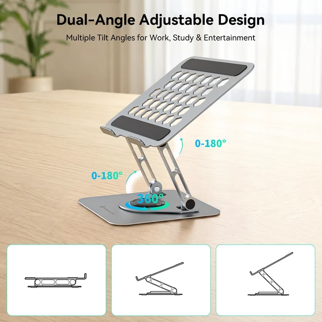 Alt view image 5 of 7 - Adjustable Laptop Stand, 360° Rotating Aluminum Desk Stand Fits laptops up to 17", holds 11 lbs, honeycomb cooling vents, foldable, tool-free setup, for office/study/gaming