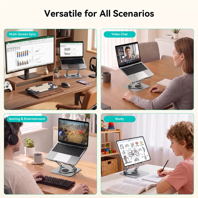 Alt view image 7 of 7 - Adjustable Laptop Stand, 360° Rotating Aluminum Desk Stand Fits laptops up to 17", holds 11 lbs, honeycomb cooling vents, foldable, tool-free setup, for office/study/gaming