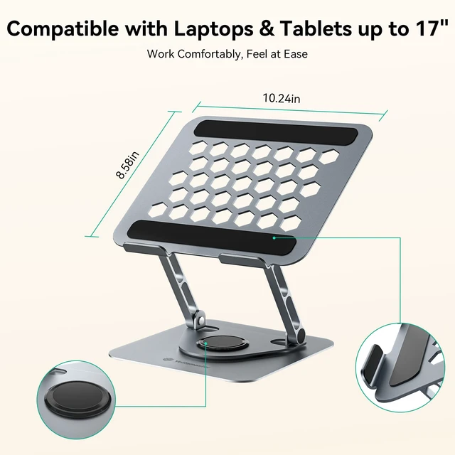 Alt view image 6 of 7 - Adjustable Laptop Stand, 360° Rotating Aluminum Desk Stand Fits laptops up to 17", holds 11 lbs, honeycomb cooling vents, foldable, tool-free setup, for office/study/gaming