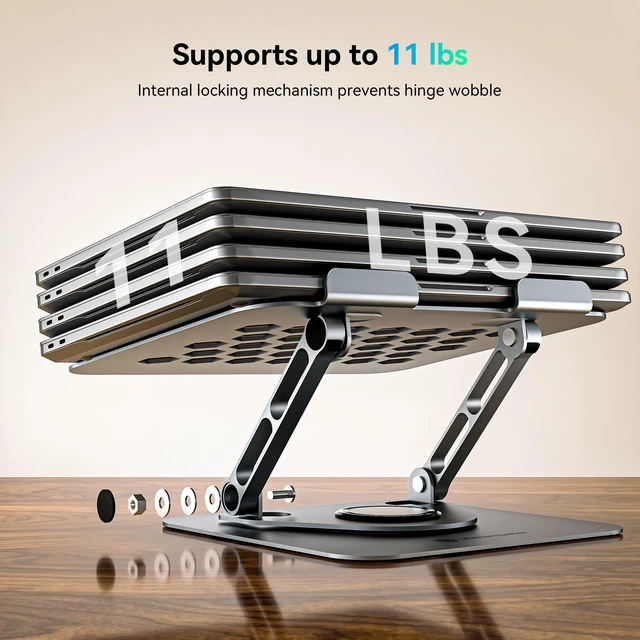 Alt view image 3 of 7 - Adjustable Laptop Stand, 360° Rotating Aluminum Desk Stand Fits laptops up to 17", holds 11 lbs, honeycomb cooling vents, foldable, tool-free setup, for office/study/gaming