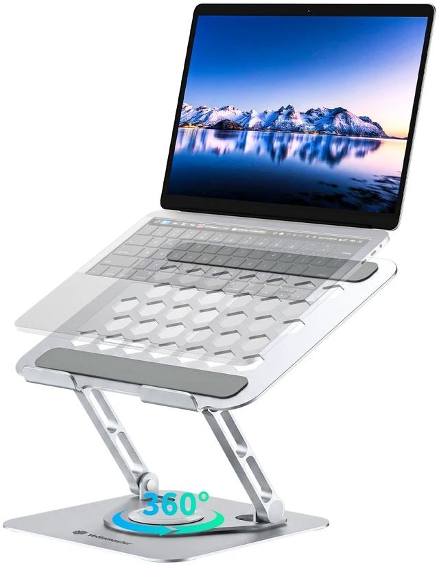 Main image of Adjustable Laptop Stand, 360° Rotating Aluminum Silver Fits laptops up to 17", holds 11 lbs, honeycomb cooling vents, foldable, tool-free setup, for office/study/gaming