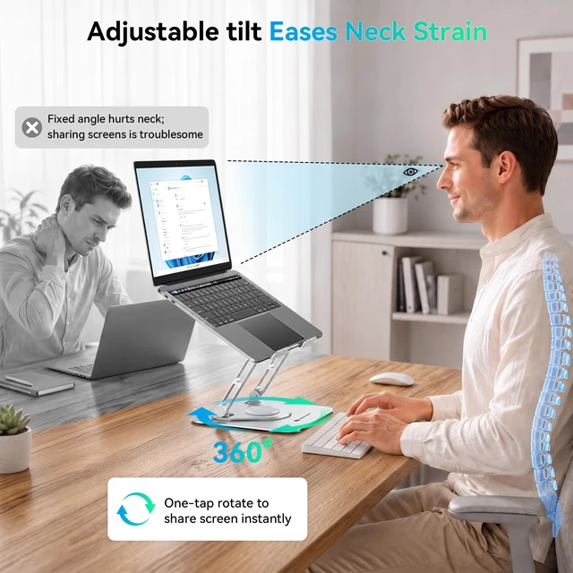 Alt view image 2 of 7 - Adjustable Laptop Stand, 360° Rotating Aluminum Silver Fits laptops up to 17", holds 11 lbs, honeycomb cooling vents, foldable, tool-free setup, for office/study/gaming
