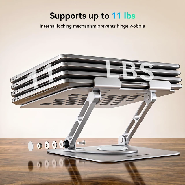 Alt view image 3 of 7 - Adjustable Laptop Stand, 360° Rotating Aluminum Silver Fits laptops up to 17", holds 11 lbs, honeycomb cooling vents, foldable, tool-free setup, for office/study/gaming