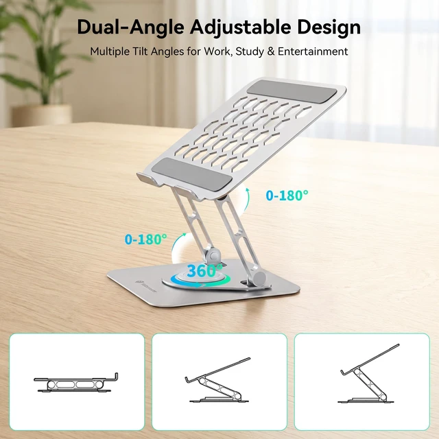 Alt view image 4 of 7 - Adjustable Laptop Stand, 360° Rotating Aluminum Silver Fits laptops up to 17", holds 11 lbs, honeycomb cooling vents, foldable, tool-free setup, for office/study/gaming