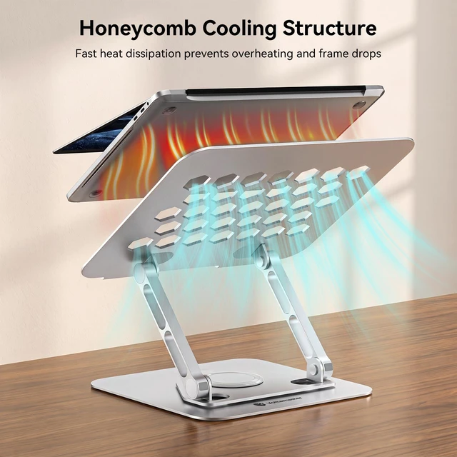 Alt view image 5 of 7 - Adjustable Laptop Stand, 360° Rotating Aluminum Silver Fits laptops up to 17", holds 11 lbs, honeycomb cooling vents, foldable, tool-free setup, for office/study/gaming