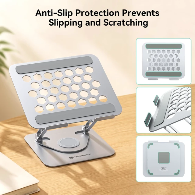 Alt view image 6 of 7 - Adjustable Laptop Stand, 360° Rotating Aluminum Silver Fits laptops up to 17", holds 11 lbs, honeycomb cooling vents, foldable, tool-free setup, for office/study/gaming