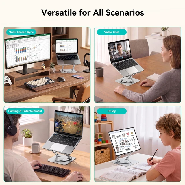 Alt view image 7 of 7 - Adjustable Laptop Stand, 360° Rotating Aluminum Silver Fits laptops up to 17", holds 11 lbs, honeycomb cooling vents, foldable, tool-free setup, for office/study/gaming