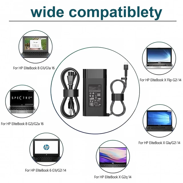 Alt view image 7 of 7 - 100W USBC Charger Compatible with HP EliteBook 8 800 6 X Flip For EliteBook 8 6 G1i G1a G2i G2a 14 16, 840 850 865 G8 G9 G10 G11, X G1i G1a G2i G2q 14, X Flip G2i 14 Laptop Power Adapter