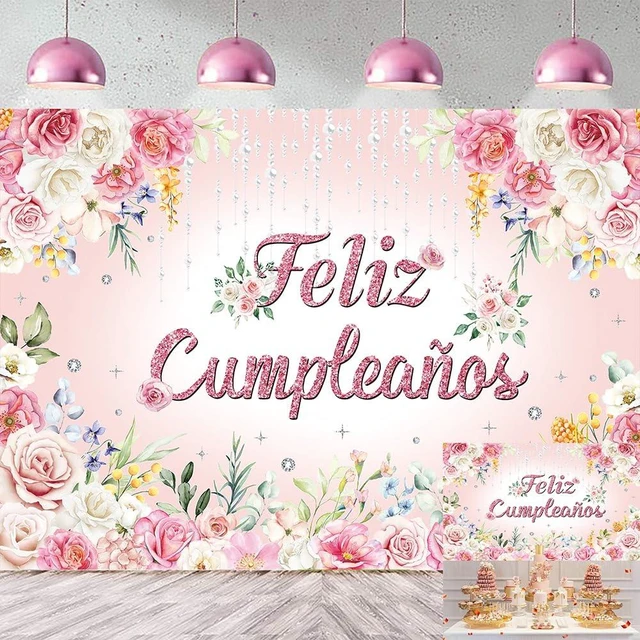 Main image of Feliz cumpleaños Backdrop Pink Floral Glitter Happy Birthday Photography Background Women Girl Birthday Party Decorations Banner Photo Props (8x6FT)
