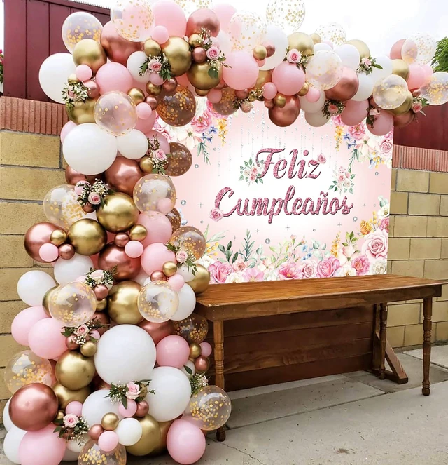 Alt view image 4 of 7 - Feliz cumpleaños Backdrop Pink Floral Glitter Happy Birthday Photography Background Women Girl Birthday Party Decorations Banner Photo Props (8x6FT)