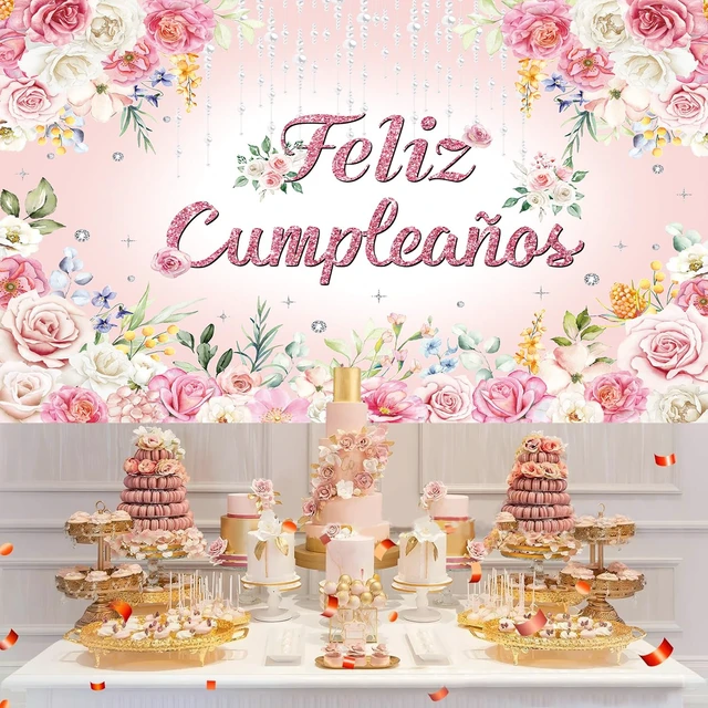 Alt view image 6 of 7 - Feliz cumpleaños Backdrop Pink Floral Glitter Happy Birthday Photography Background Women Girl Birthday Party Decorations Banner Photo Props (8x6FT)