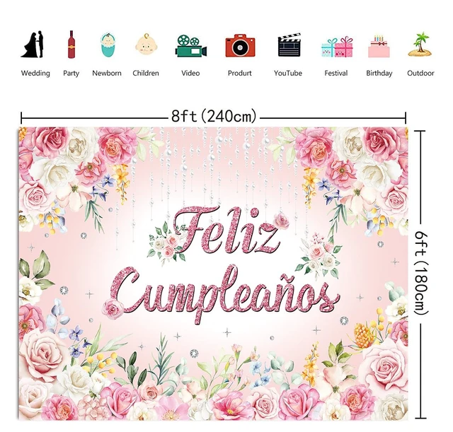 Alt view image 7 of 7 - Feliz cumpleaños Backdrop Pink Floral Glitter Happy Birthday Photography Background Women Girl Birthday Party Decorations Banner Photo Props (8x6FT)