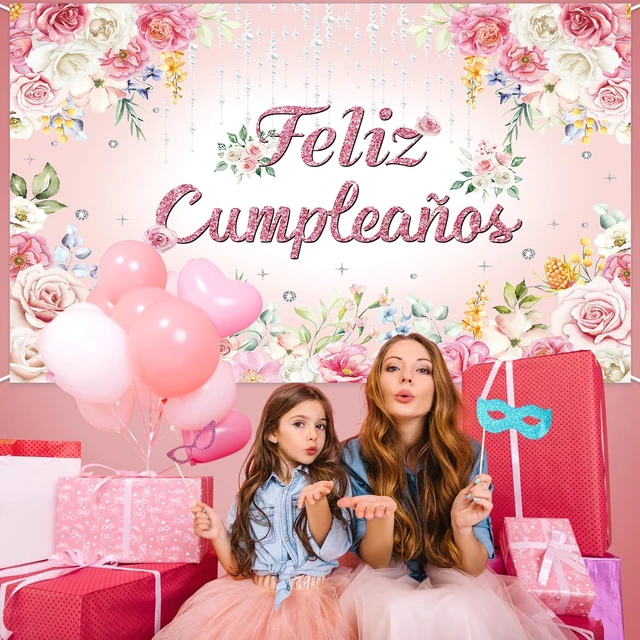Alt view image 3 of 7 - Feliz cumpleaños Backdrop Pink Floral Glitter Happy Birthday Photography Background Women Girl Birthday Party Decorations Banner Photo Props (8x6FT)