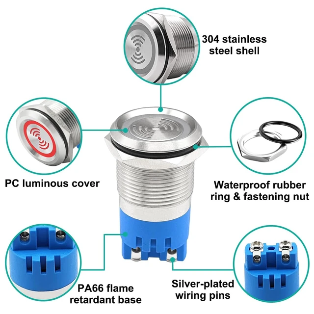 Alt view image 2 of 6 - 2PCS DC24V 19mm Electronic Stainless Steel Active Piezo Buzzer Waterproof IP67 Continuous Sounder 110dB Metal Buzzer Alarm with Red Flash Indicator
