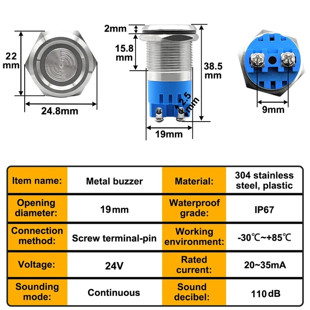 Alt view image 3 of 6 - 2PCS DC24V 19mm Electronic Stainless Steel Active Piezo Buzzer Waterproof IP67 Continuous Sounder 110dB Metal Buzzer Alarm with Red Flash Indicator