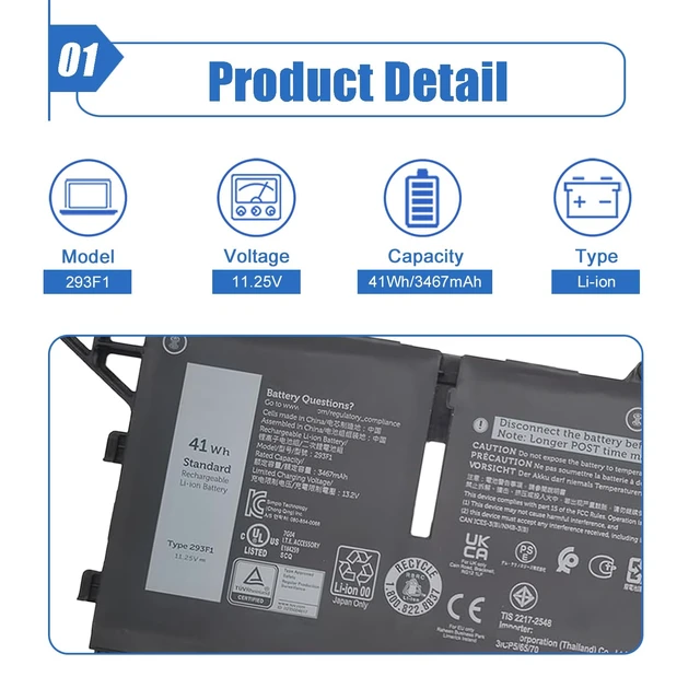 Alt view image 2 of 6 - 293F1 11.25V 41Wh Laptop Battery Compatible with Dell Latitude 5330 5430 5530 7430 7530 / Latitude 5330 2-in-1 P133G P134G Series 8H6WD 01VX5 404T8 51R71 8P81K