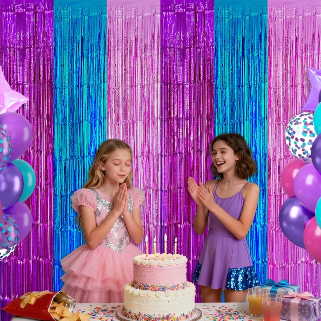 Alt view image 2 of 6 - Purple Blue Pink Fringe Curtains Backdrop Birthday Party Decorations, 4 PCS 3.28 x 6.56 Ft Music Themed Tinsel Metallic Streamer Banner Photo Booth Props for Music Disco Mermaid Party Decor Supplies