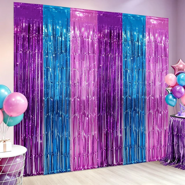 Main image of Purple Blue Pink Fringe Curtains Backdrop Birthday Party Decorations, 4 PCS 3.28 x 6.56 Ft Music Themed Tinsel Metallic Streamer Banner Photo Booth Props for Music Disco Mermaid Party Decor Supplies