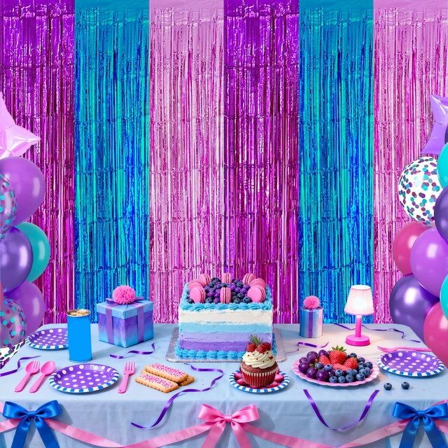 Alt view image 3 of 6 - Purple Blue Pink Fringe Curtains Backdrop Birthday Party Decorations, 4 PCS 3.28 x 6.56 Ft Music Themed Tinsel Metallic Streamer Banner Photo Booth Props for Music Disco Mermaid Party Decor Supplies