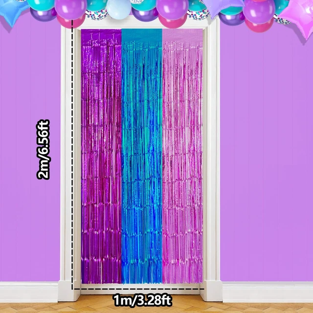 Alt view image 4 of 6 - Purple Blue Pink Fringe Curtains Backdrop Birthday Party Decorations, 4 PCS 3.28 x 6.56 Ft Music Themed Tinsel Metallic Streamer Banner Photo Booth Props for Music Disco Mermaid Party Decor Supplies