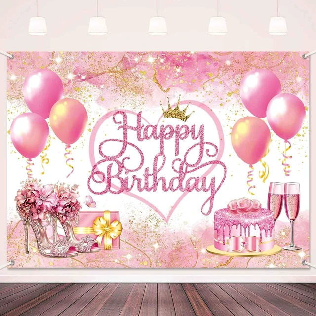 Main image of 7x5ft Pink Happy Birthday Backdrop Banner Pink and Gold Birthday Party Decorations for Women Girls Large Balloons High Heel Theme Photography Background Photo Booth Supplies