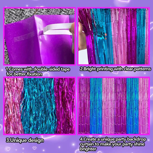 Alt view image 6 of 6 - Purple Blue Pink Fringe Curtains Backdrop Birthday Party Decorations, 4 PCS 3.28 x 6.56 Ft Music Themed Tinsel Metallic Streamer Banner Photo Booth Props for Music Disco Mermaid Party Decor Supplies