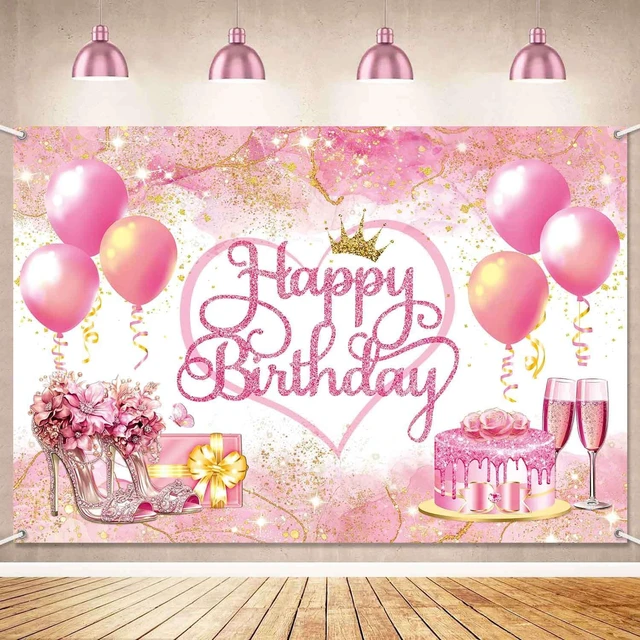 Alt view image 2 of 7 - 7x5ft Pink Happy Birthday Backdrop Banner Pink and Gold Birthday Party Decorations for Women Girls Large Balloons High Heel Theme Photography Background Photo Booth Supplies