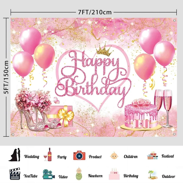 Alt view image 3 of 7 - 7x5ft Pink Happy Birthday Backdrop Banner Pink and Gold Birthday Party Decorations for Women Girls Large Balloons High Heel Theme Photography Background Photo Booth Supplies