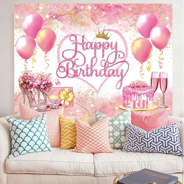 Alt view image 4 of 7 - 7x5ft Pink Happy Birthday Backdrop Banner Pink and Gold Birthday Party Decorations for Women Girls Large Balloons High Heel Theme Photography Background Photo Booth Supplies