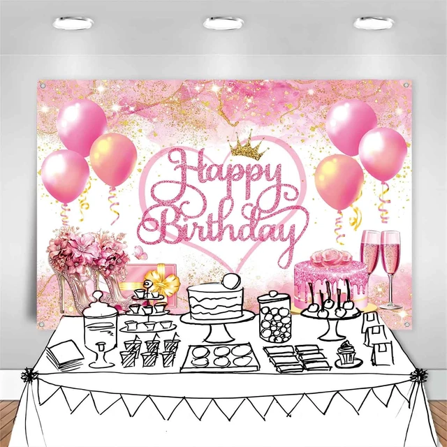Alt view image 5 of 7 - 7x5ft Pink Happy Birthday Backdrop Banner Pink and Gold Birthday Party Decorations for Women Girls Large Balloons High Heel Theme Photography Background Photo Booth Supplies