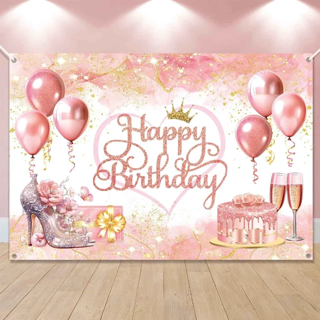 Alt view image 2 of 7 - 7x5ft Rose Gold Happy Birthday Banner Backdrop Pink and Gold Birthday Party Decorations Supplies for Women Girls Large Balloons High Heel Theme Photography Background