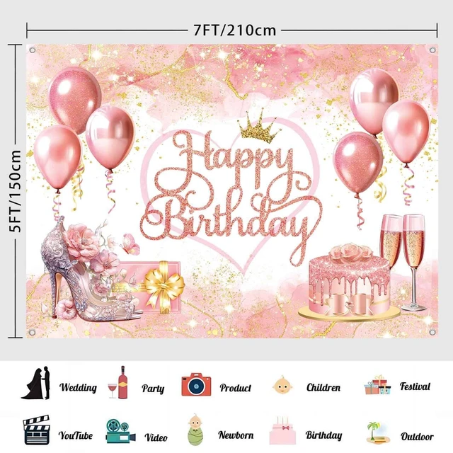 Alt view image 3 of 7 - 7x5ft Rose Gold Happy Birthday Banner Backdrop Pink and Gold Birthday Party Decorations Supplies for Women Girls Large Balloons High Heel Theme Photography Background
