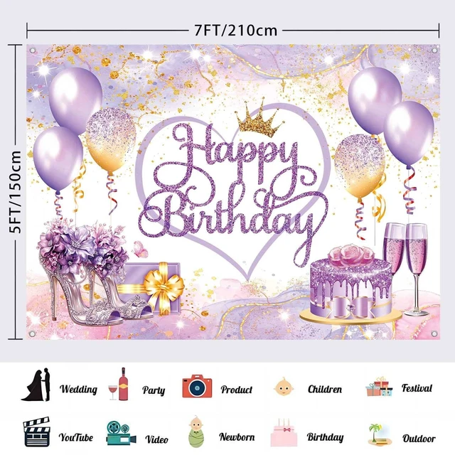 Alt view image 3 of 7 - 7x5ft Purple Happy Birthday Banner Backdrop Pink Purple Gold Birthday Party Decorations for Women Girls Flower High Heels Themed Photography Background Yard Sign Wall Decor