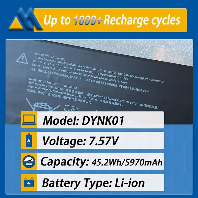 Alt view image 2 of 6 - DYNK01 G3HTA036H Battery Replacement for Microsoft Surface 1st Gen Laptop 1769 2017, Surface Laptop 1782 13.5'', 2-LQN-00004 KSR-00001 DAG-00003 7.57V 45.2Wh 5970mAh 4-Cell