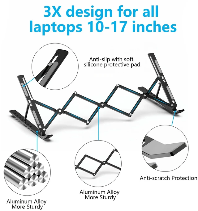 Alt view image 5 of 7 - 7-Level Adjustable Laptop Stand, Foldable Laptop Riser Foldable aluminum laptop riser with silicone pads and ventilated design for ergonomic viewing at home, office or travel