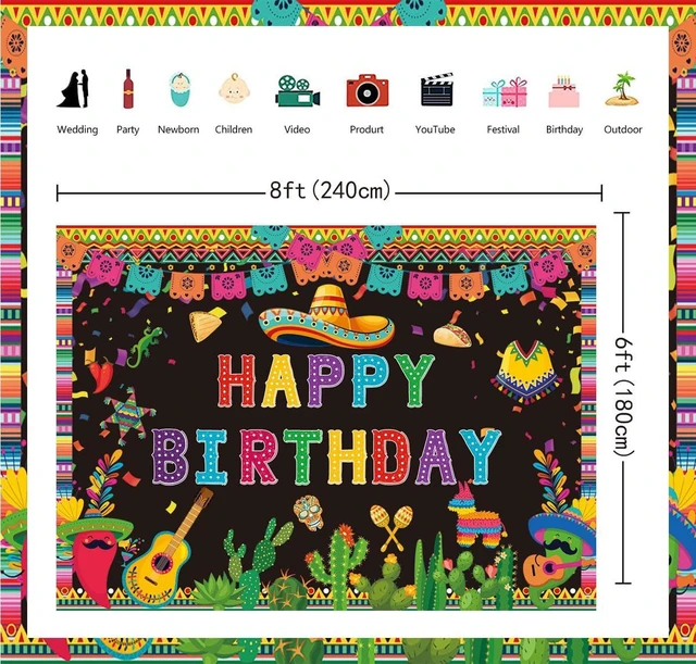 Alt view image 2 of 7 - Mexican Happy Birthday Backdrop Mexico Fiesta Themed Cactus Taco Photography Background for Colorful Carnival Bday Party Decorations Banner (94X70 inch (8x6FT))