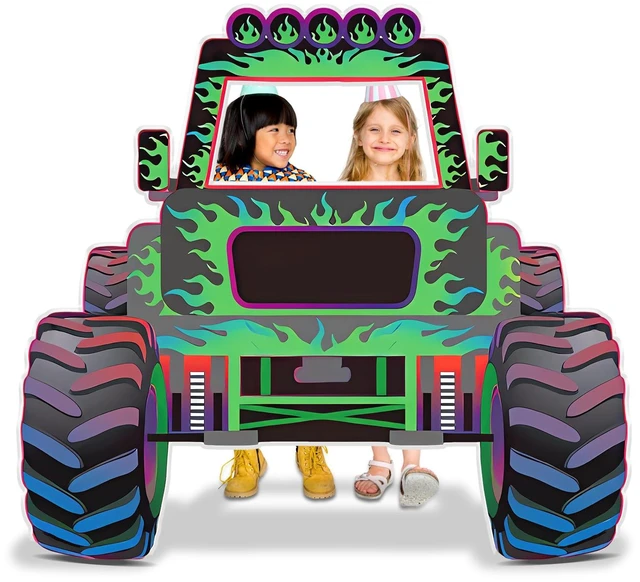 Main image of Monster Truck Photo Booth Prop Green and Purple Truck Party Supplies Monster Theme Birthday Party Decorations Truck Cardboard Cutout for Birthday Cart Theme Party Decorations 52 x 47 inch