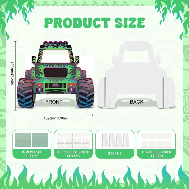 Alt view image 2 of 7 - Monster Truck Photo Booth Prop Green and Purple Truck Party Supplies Monster Theme Birthday Party Decorations Truck Cardboard Cutout for Birthday Cart Theme Party Decorations 52 x 47 inch