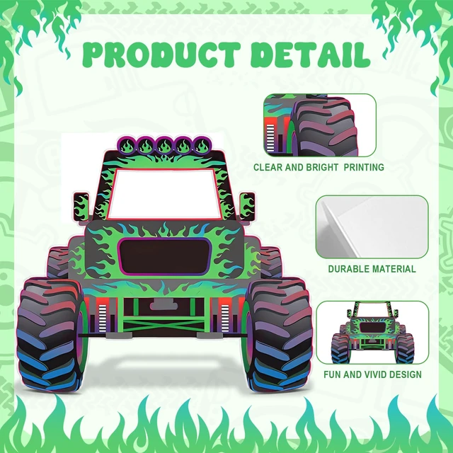 Alt view image 4 of 7 - Monster Truck Photo Booth Prop Green and Purple Truck Party Supplies Monster Theme Birthday Party Decorations Truck Cardboard Cutout for Birthday Cart Theme Party Decorations 52 x 47 inch