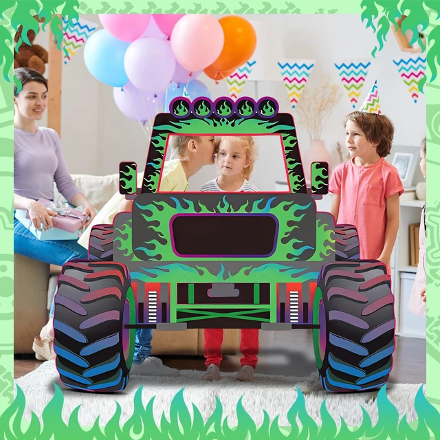 Alt view image 6 of 7 - Monster Truck Photo Booth Prop Green and Purple Truck Party Supplies Monster Theme Birthday Party Decorations Truck Cardboard Cutout for Birthday Cart Theme Party Decorations 52 x 47 inch