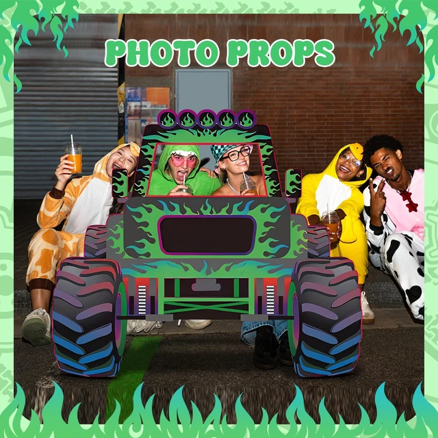 Alt view image 5 of 7 - Monster Truck Photo Booth Prop Green and Purple Truck Party Supplies Monster Theme Birthday Party Decorations Truck Cardboard Cutout for Birthday Cart Theme Party Decorations 52 x 47 inch