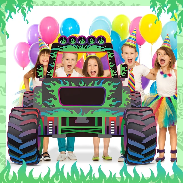Alt view image 7 of 7 - Monster Truck Photo Booth Prop Green and Purple Truck Party Supplies Monster Theme Birthday Party Decorations Truck Cardboard Cutout for Birthday Cart Theme Party Decorations 52 x 47 inch