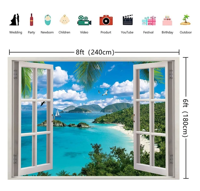 Alt view image 7 of 7 - Summer Beach Window Backdrop Hawaiian Ocean Tropical Island Blue Sky Clouds Scenic Photography Background Luau Party Banner Living Room Bedroom Photo Booth Props (8x6FT)