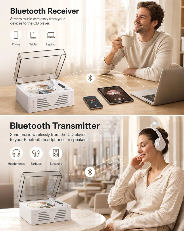 Alt view image 4 of 7 - Retro CD Player with Bluetooth in&Out Relaxing Music Player Gifts Multiple Inputs,Pre-read,Automatic OFF,Rechargeable,Compact Design,Vintage Look,Easy Control,Holiday Gifts Ready