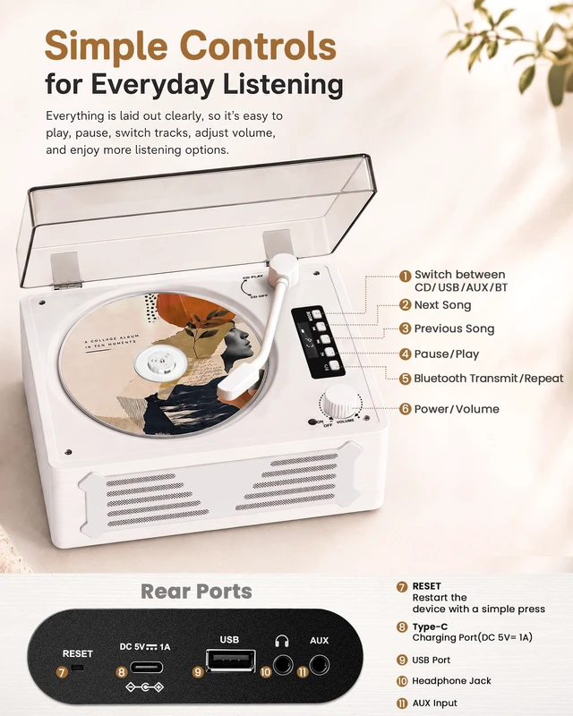 Alt view image 7 of 7 - Retro CD Player with Bluetooth in&Out Relaxing Music Player Gifts Multiple Inputs,Pre-read,Automatic OFF,Rechargeable,Compact Design,Vintage Look,Easy Control,Holiday Gifts Ready