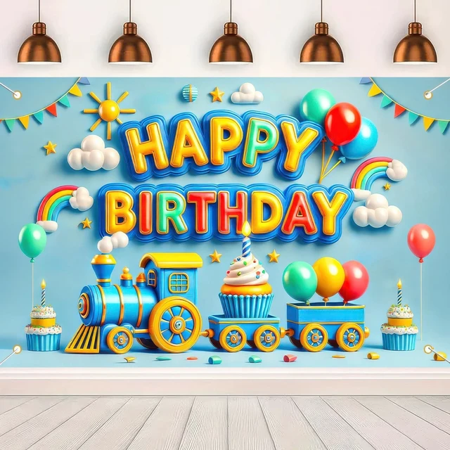 Main image of Blue Train Birthday Banner 71x43 Inch Little Engineer Decor Polyester, Train Theme Design, Happy birthday backdrop for room, yard, park