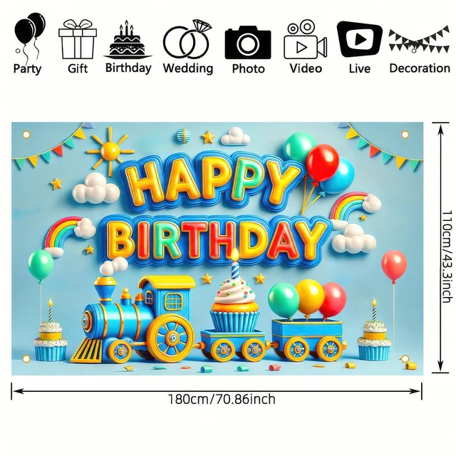 Alt view image 2 of 6 - Blue Train Birthday Banner 71x43 Inch Little Engineer Decor Polyester, Train Theme Design, Happy birthday backdrop for room, yard, park