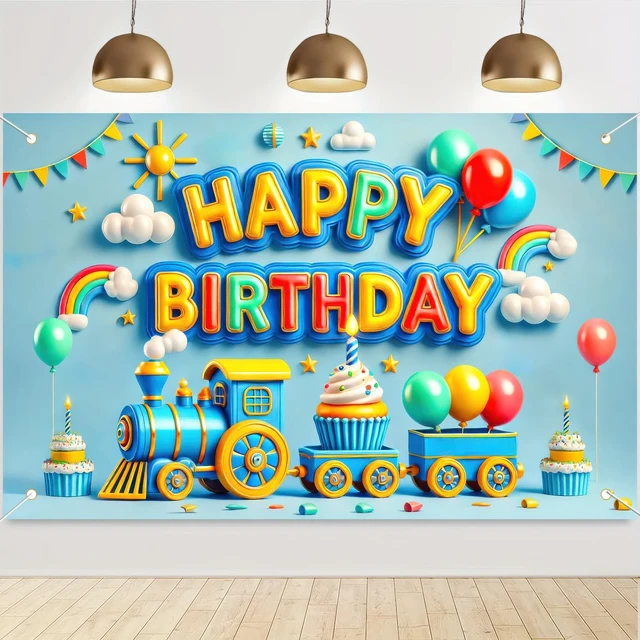 Alt view image 3 of 6 - Blue Train Birthday Banner 71x43 Inch Little Engineer Decor Polyester, Train Theme Design, Happy birthday backdrop for room, yard, park