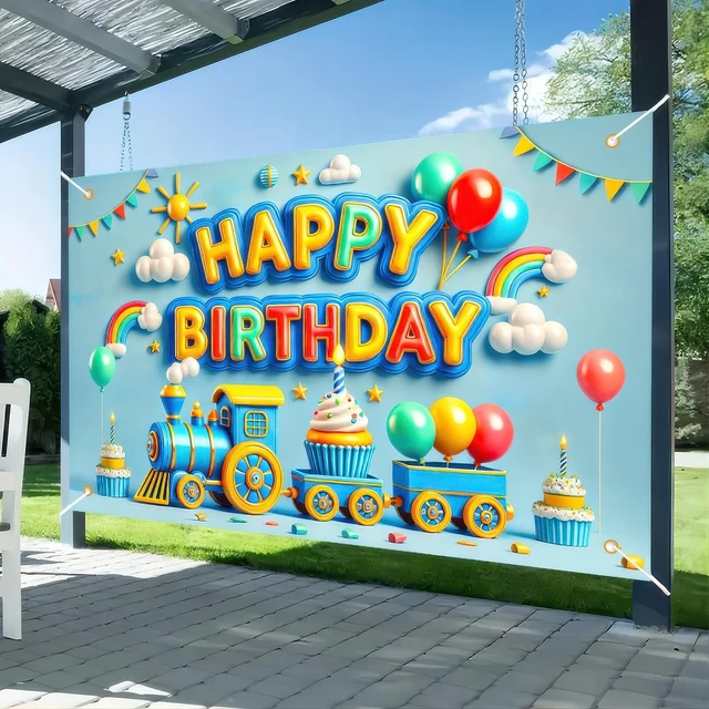 Alt view image 4 of 6 - Blue Train Birthday Banner 71x43 Inch Little Engineer Decor Polyester, Train Theme Design, Happy birthday backdrop for room, yard, park